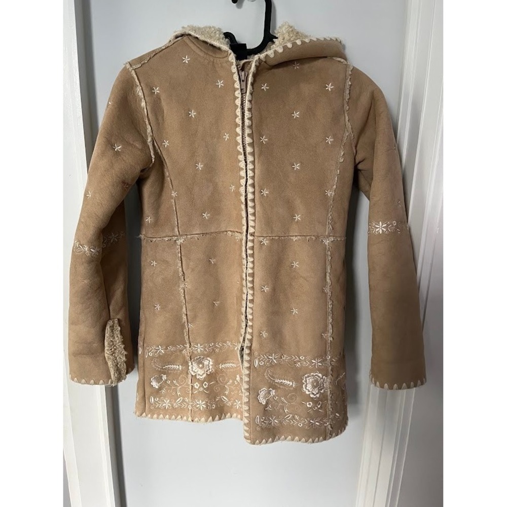 Gap Kids Vintage Tan Faux Suede Shearling Embroidered Hooded Jacket Small 6-7